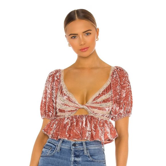 FREE PEOPLE - NWOT "Yours Truly" Crushed Velvet Peplum Top in Mauve (M) β§ - Picture 4 of 5
